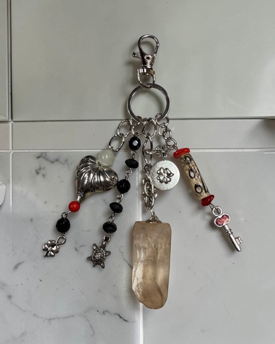 Quartz Crystal and Turtle Bag Charm - Beachy Coastal Keychain - Tropical Travel Purse Keyring - Vintage Jewelry Eclectic Gift for Her
