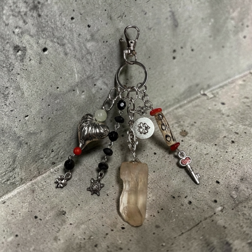 Quartz Crystal and Turtle Bag Charm - Beachy Coastal Keychain - Tropical Travel Purse Keyring - Vintage Jewelry Eclectic Gift for Her