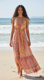 Bohemian Style Printed Halter Neck Maxi Dress