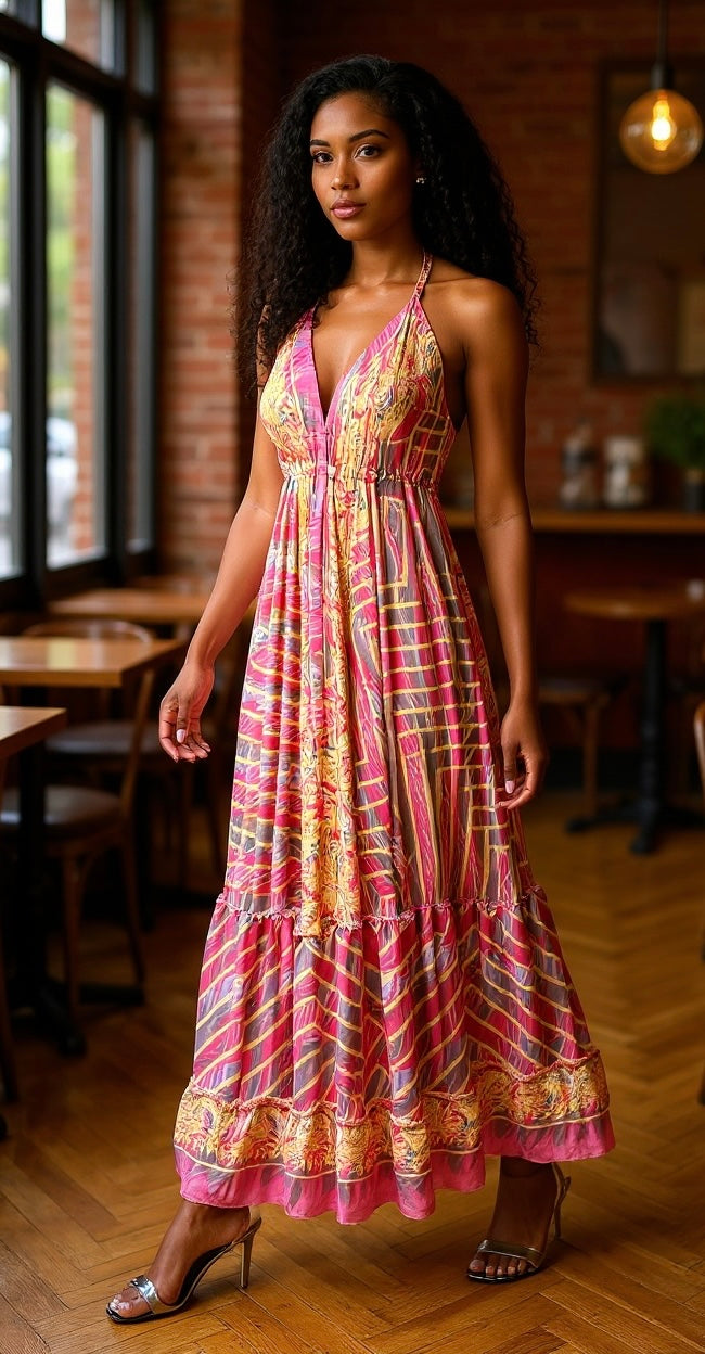 Bohemian Style Printed Halter Neck Maxi Dress