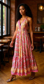 Bohemian Style Printed Halter Neck Maxi Dress
