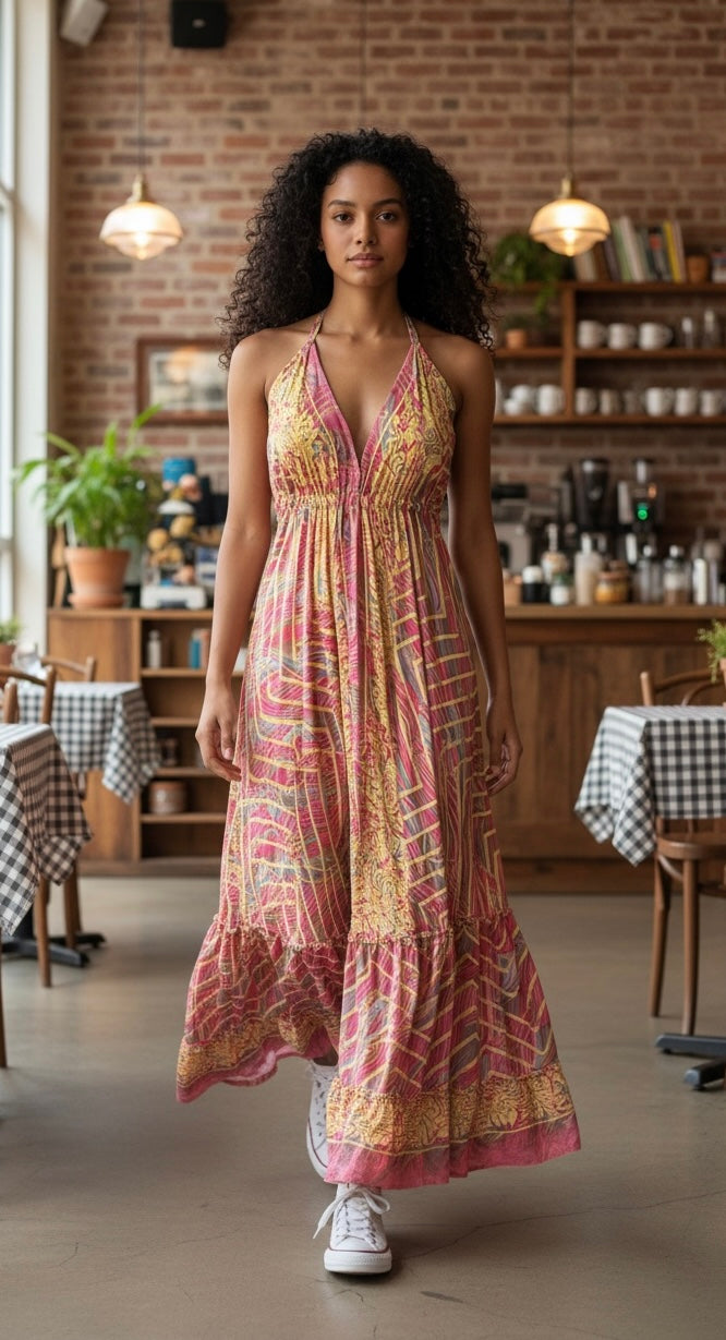Bohemian Style Printed Halter Neck Maxi Dress