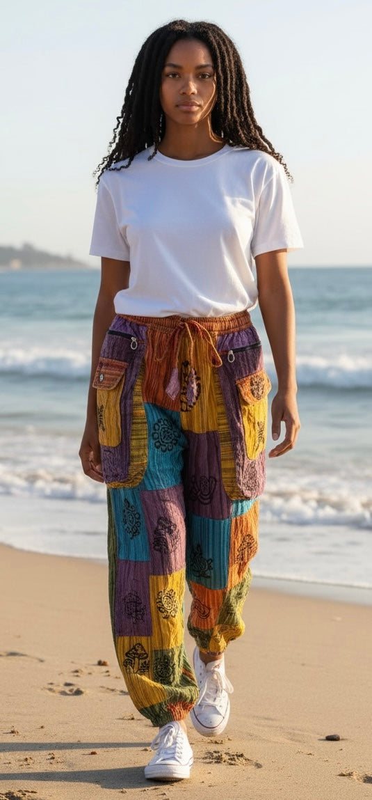 Bohemian Style Patchwork Cargo Jogger Pants