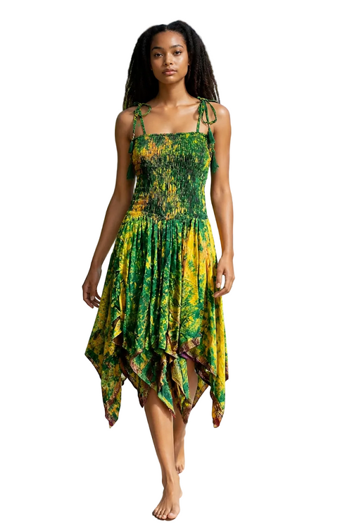 Bohemian Dress,  Tie Dye Vintage Sari Silk Bohemian Boho Chic Festival Ethnic Hippie Summer dress, Gypsy Dress, Fairy Beach Boho Dress,