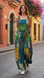 Bohemian Cotton Patchwork Style Overalls Jumpsuits Wide legs One size