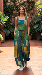 Bohemian Cotton Patchwork Style Overalls Jumpsuits Wide legs One size