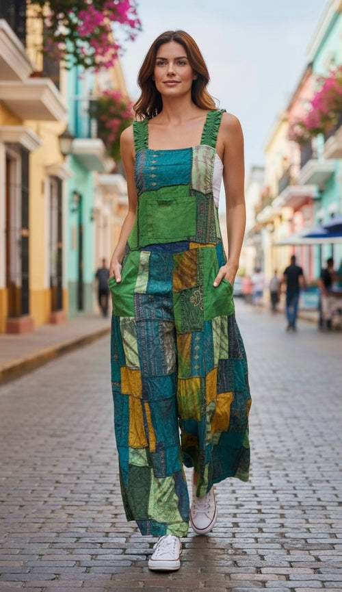Bohemian Cotton Patchwork Style Overalls Jumpsuits Wide legs One size