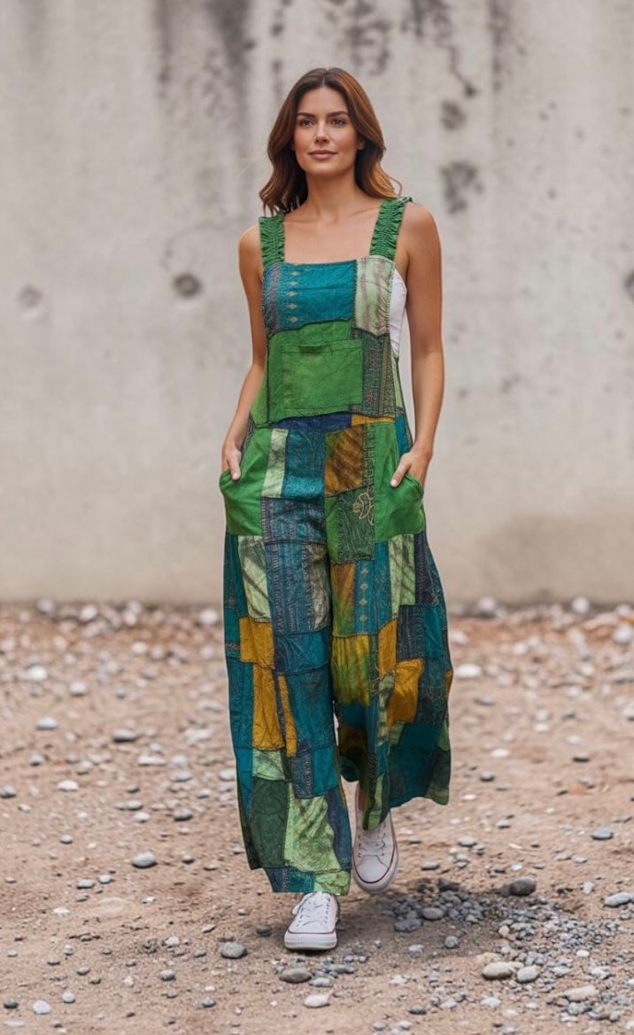 Bohemian Cotton Patchwork Style Overalls Jumpsuits Wide legs One size