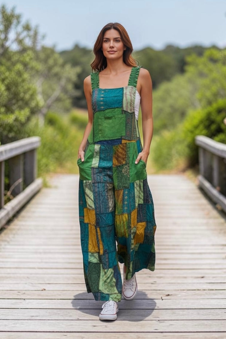 Bohemian Cotton Patchwork Style Overalls Jumpsuits Wide legs One size