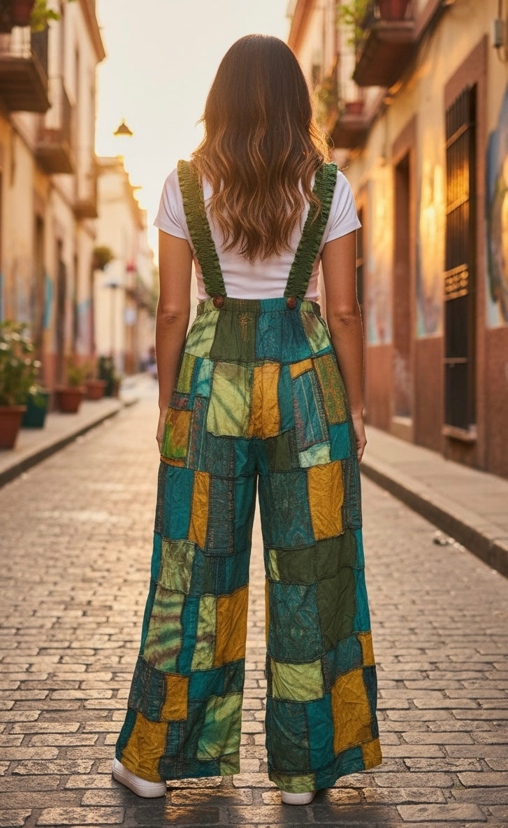 Bohemian Cotton Patchwork Style Overalls Jumpsuits Wide legs One size
