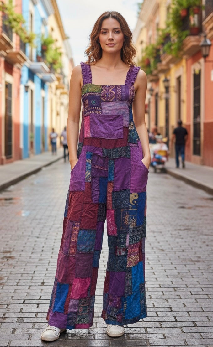 Bohemian Cotton Patchwork Style Overalls Jumpsuits Wide legs One size (Copy)