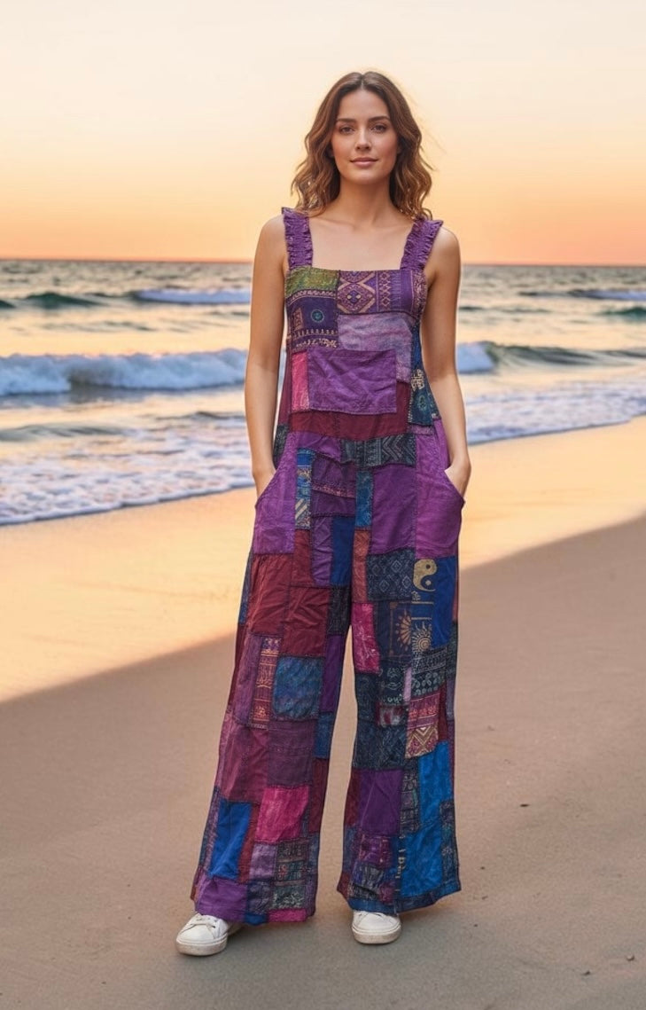 Bohemian Cotton Patchwork Style Overalls Jumpsuits Wide legs One size (Copy)