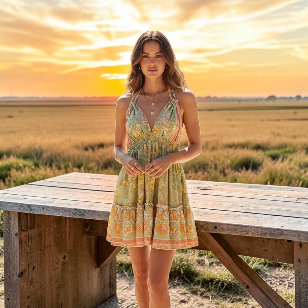 Boho Short Ruffle Dress, Hippie Dress, Open back Dress, Bohemian Festival Ethnic Dress, Boho Dress, Beach Halter Ruffle Boho Gypsy Dress
