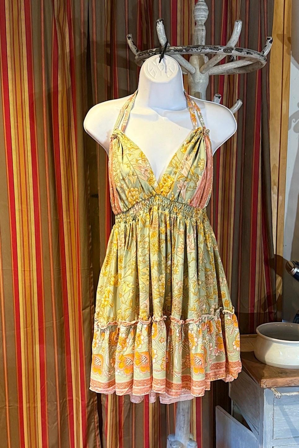 Boho Short Ruffle Dress, Hippie Dress, Open back Dress, Bohemian Festival Ethnic Dress, Boho Dress, Beach Halter Ruffle Boho Gypsy Dress
