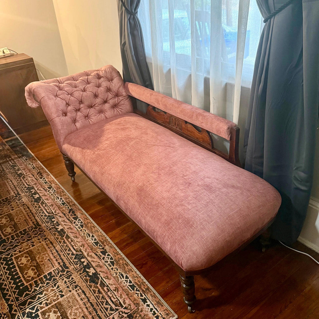 Antique Victorian Chaise Longue – New Velvet Upholstery, Tufted Back, Carved Wood Fainting Couch, Vintage Chaise Lounge Furniture