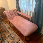 Antique Victorian Chaise Longue – New Velvet Upholstery, Tufted Back, Carved Wood Fainting Couch, Vintage Chaise Lounge Furniture