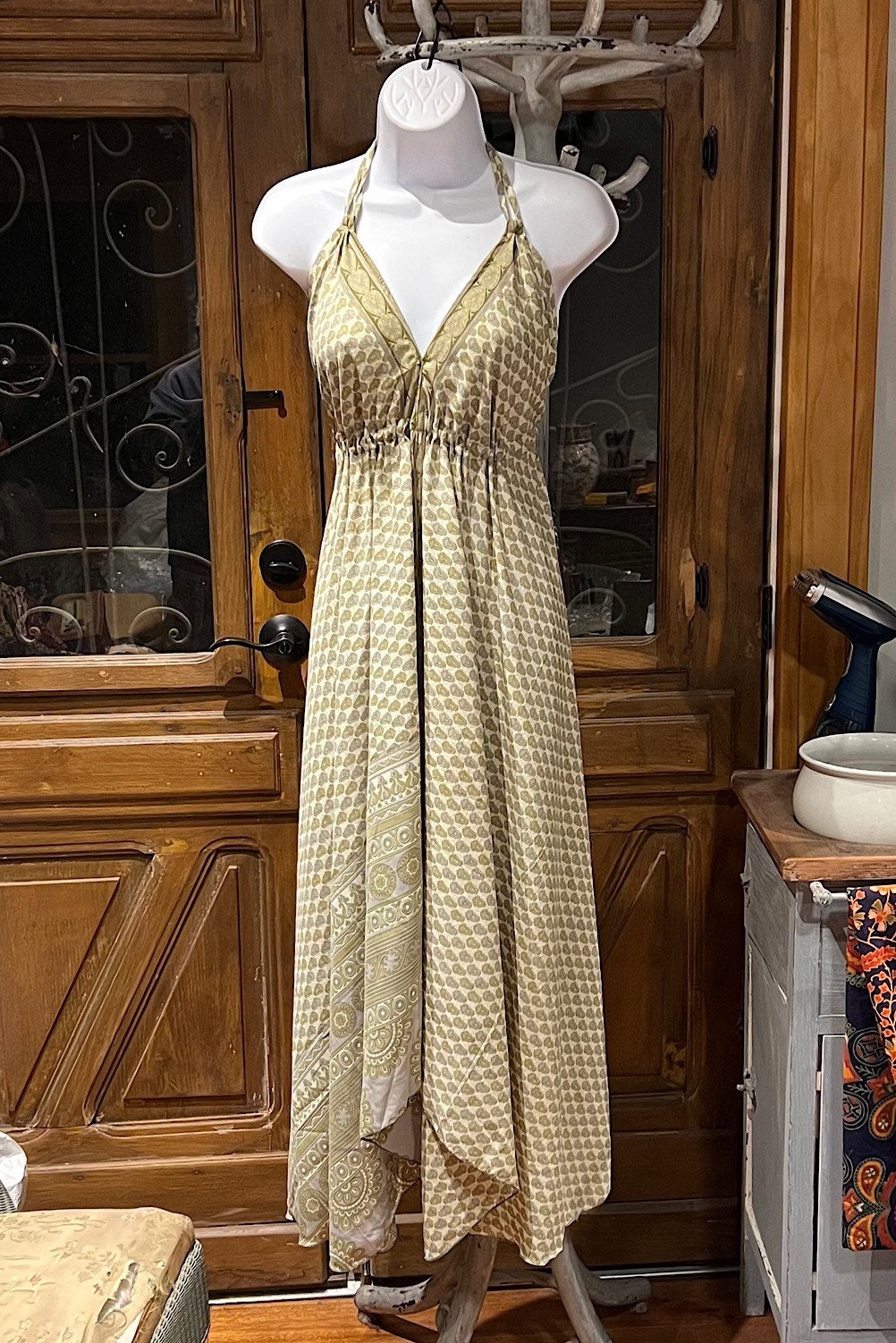 Boho Silk Dress, Bohemian Halter, Dress Ethnic Beach Dress, Festival Dress, Hippie Dress, Vintage Recycled Silk Dress, Boho Chic Gypsy Dress