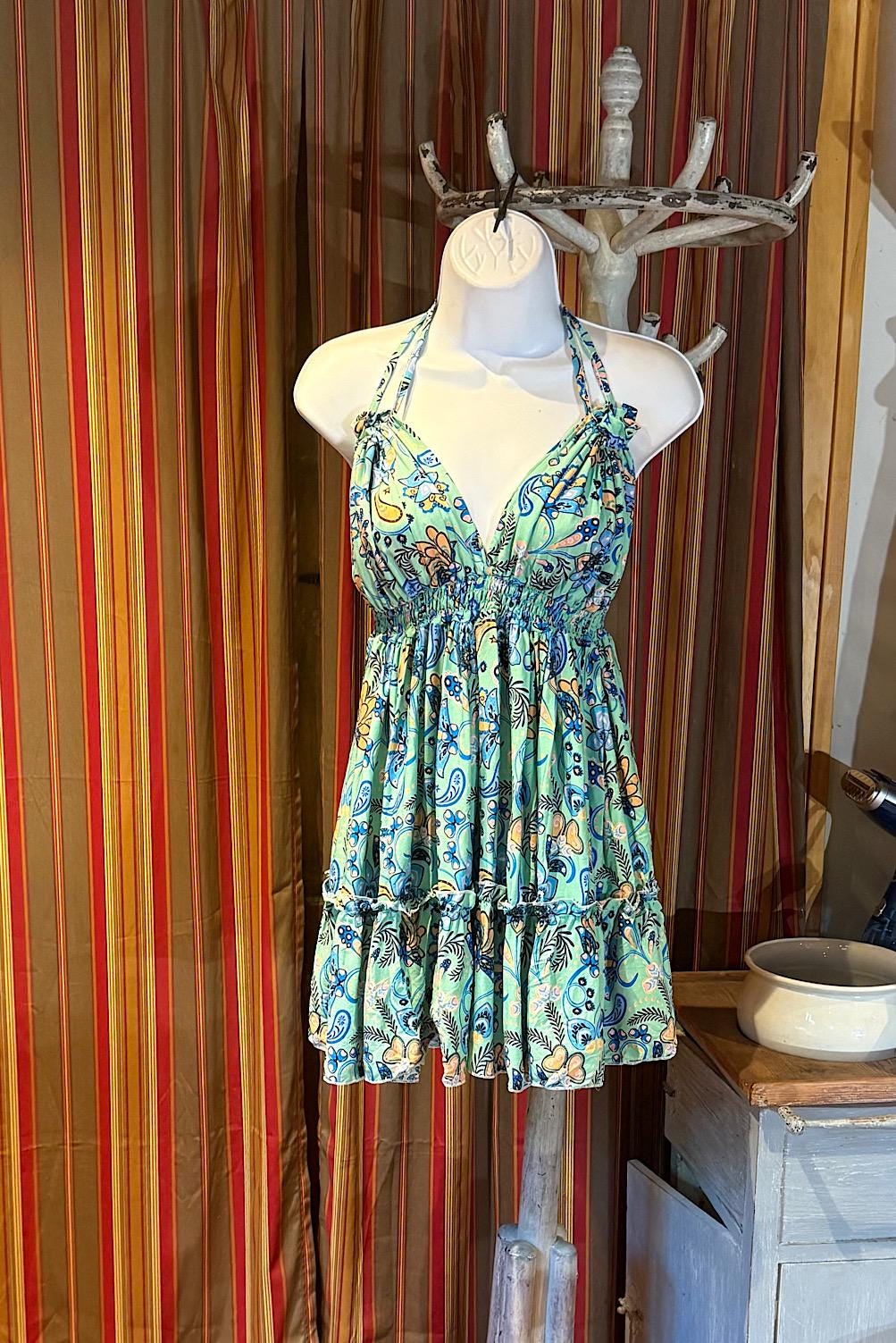 Boho Short Ruffle Dress, Hippie Dress, Open back Dress, Bohemian Festival Ethnic Dress, Boho Dress, Beach Halter Ruffle Boho Gypsy Dress
