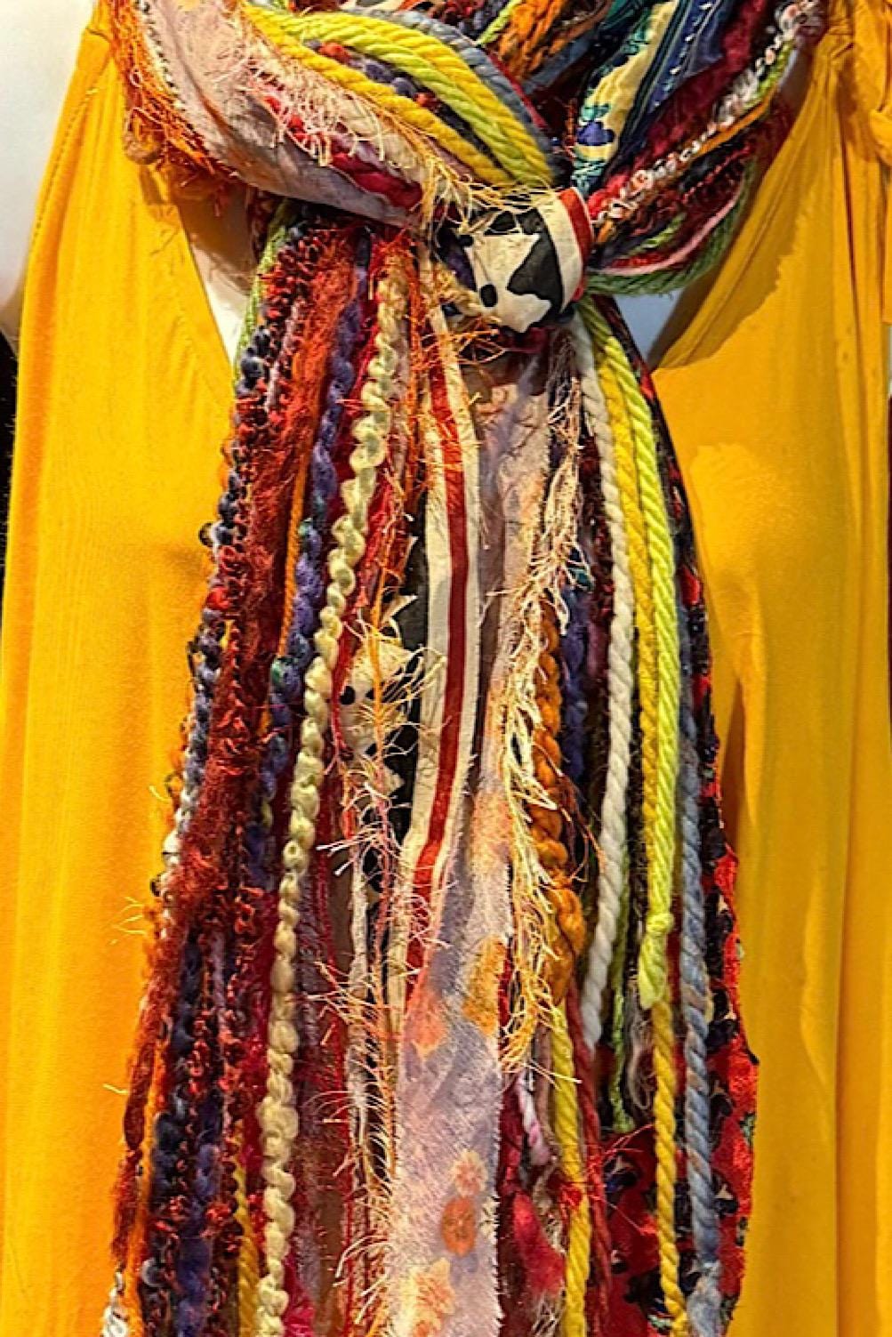 Boho Fringe Festival Long Scarf, gift for her, Yarn Ribbon Scarf,Bohemian Recycled Vintage Silk Sari Yarns Ribbons, Hippie Fringe Scarf
