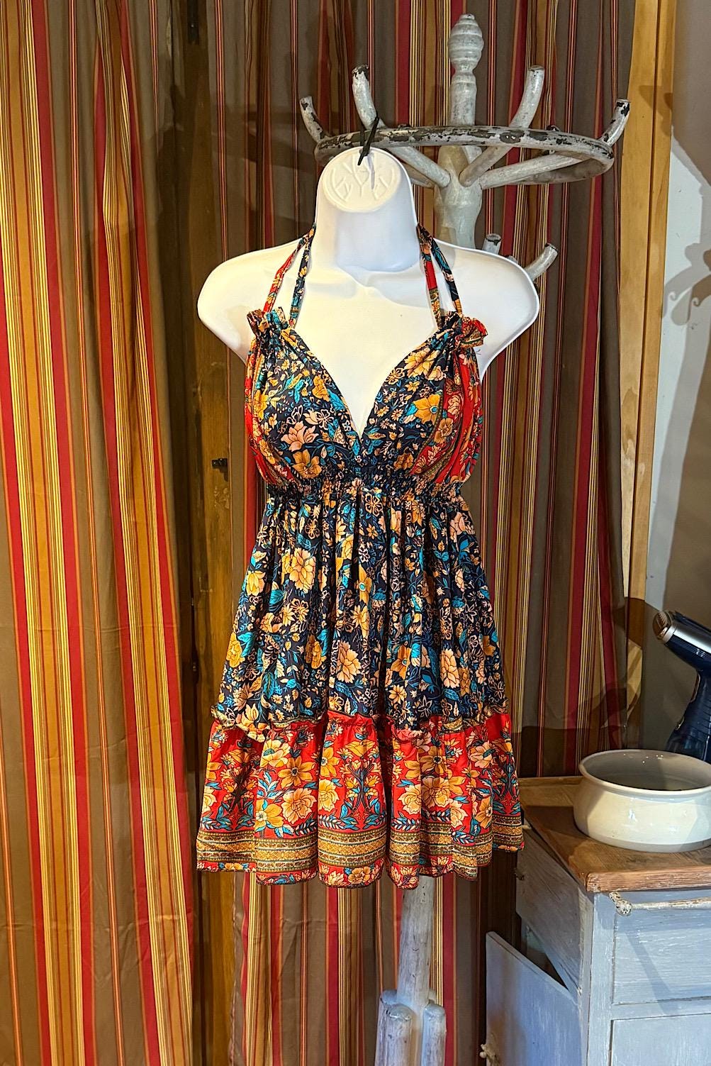Boho Short Ruffle Dress, Hippie Dress, Open back Dress, Bohemian Festival Ethnic Dress, Boho Dress, Beach Halter Ruffle Boho Gypsy Dress