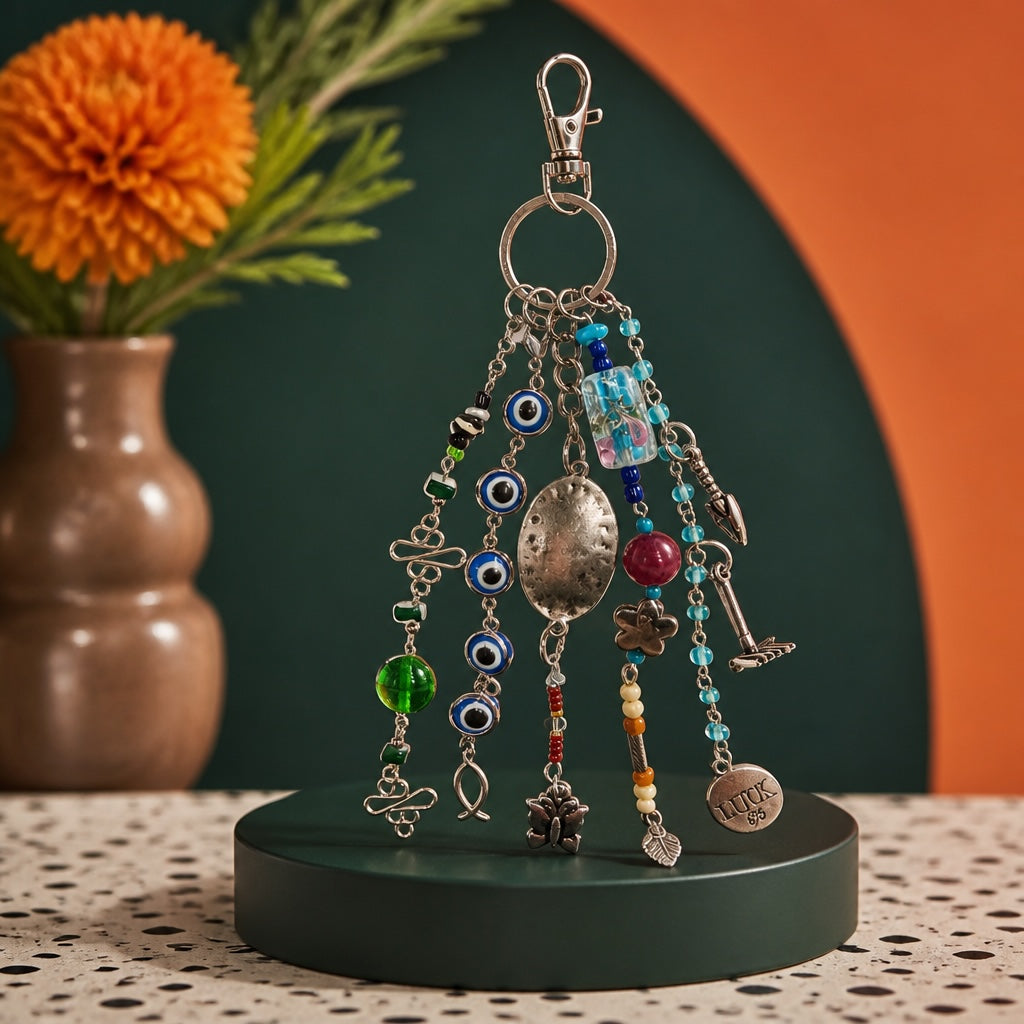 Ariel La Boutique bohemian beaded bag charm featuring evil eye beads, silver charms, and a Luck coin on a lobster clasp.