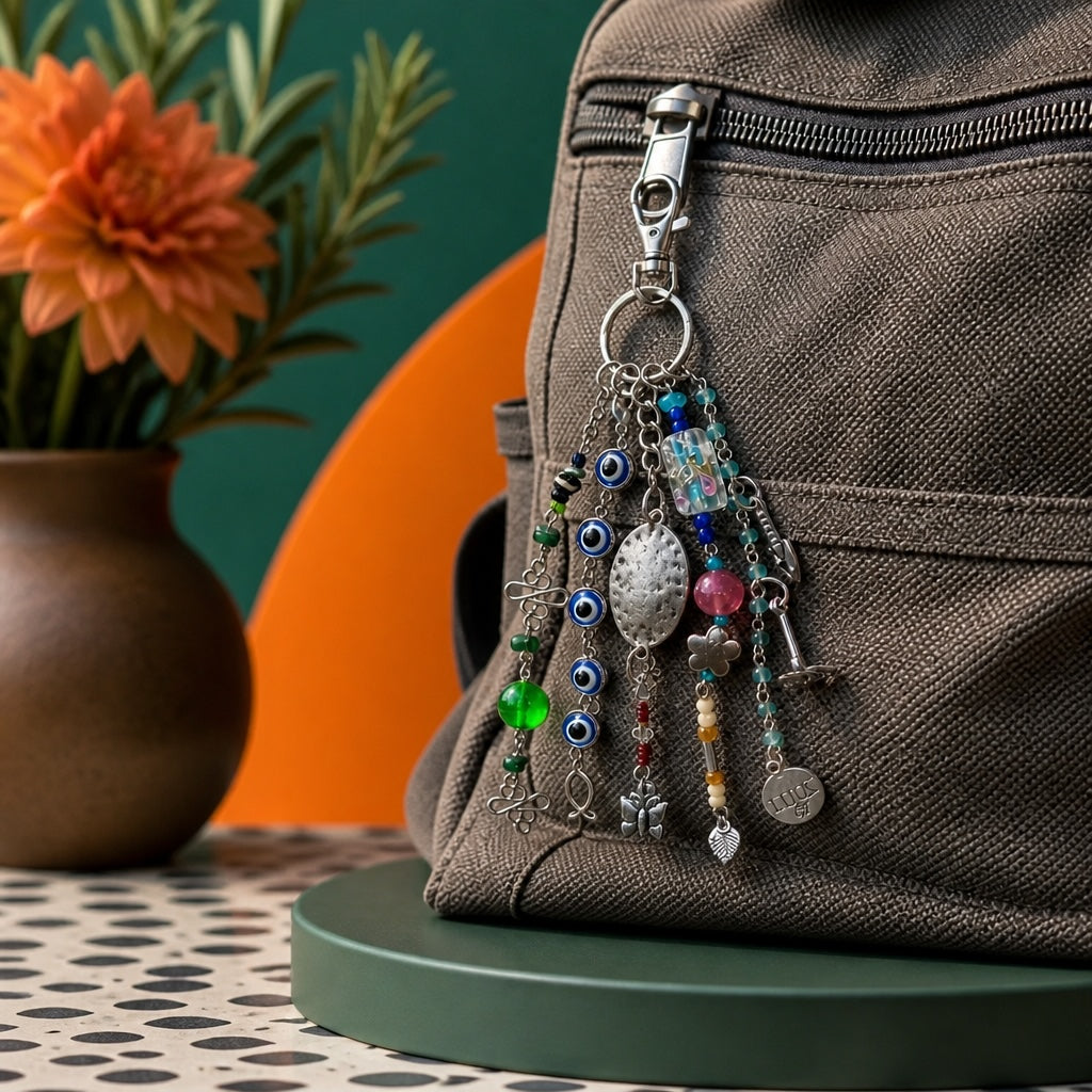 Ariel La Boutique bohemian beaded bag charm with evil eye motifs, silver charms, and lobster clasp on a canvas bag.
