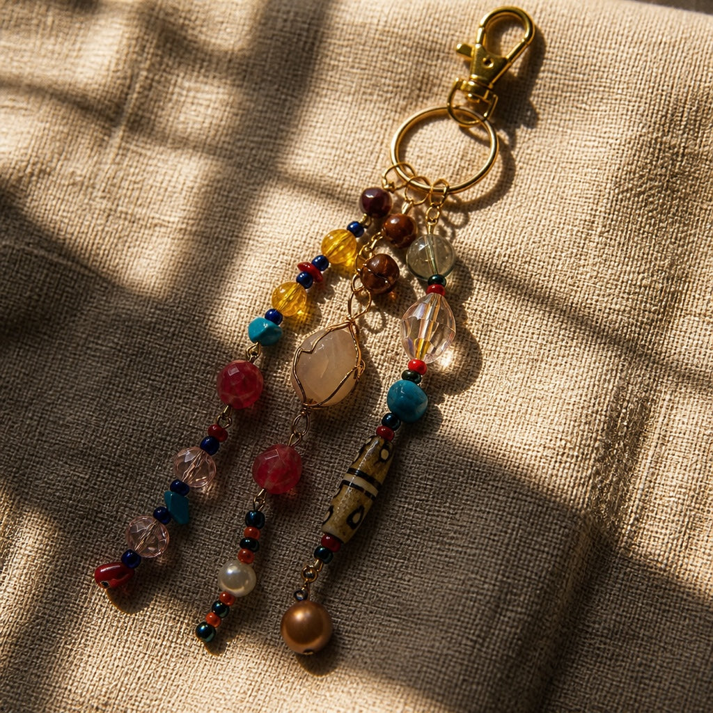 Ariel La Boutique bohemian beaded keychain with multi-colored crystals, polished stones, and a gold-tone lobster clasp.