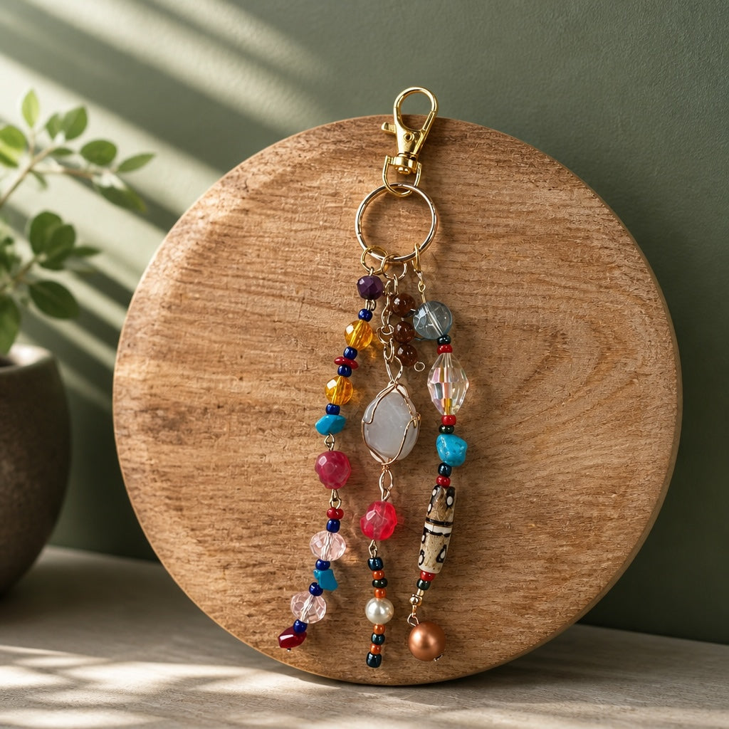 Ariel La Boutique bohemian beaded keychain with multi-colored crystals, polished stones, and a gold-tone lobster clasp.