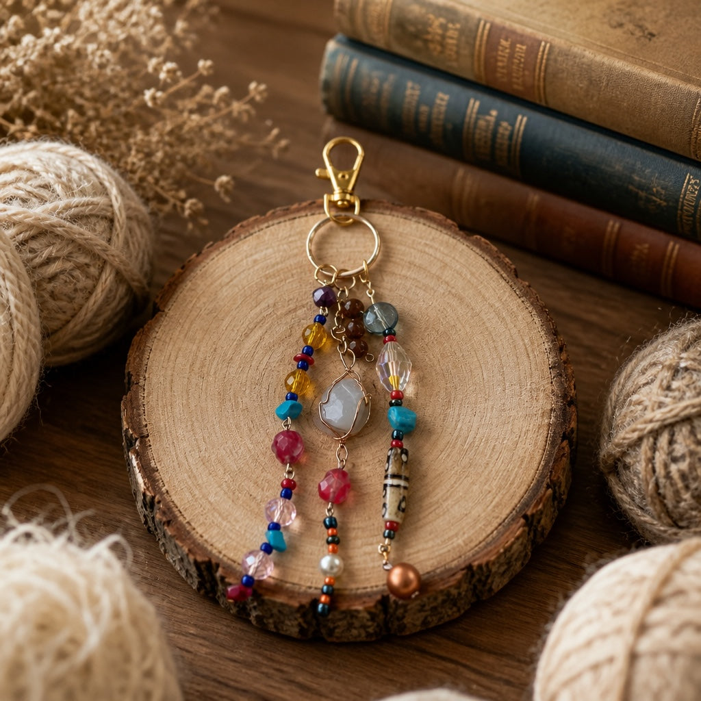 Ariel La Boutique bohemian beaded keychain with multi-colored crystals and wire-wrapped stone on a wood slice.