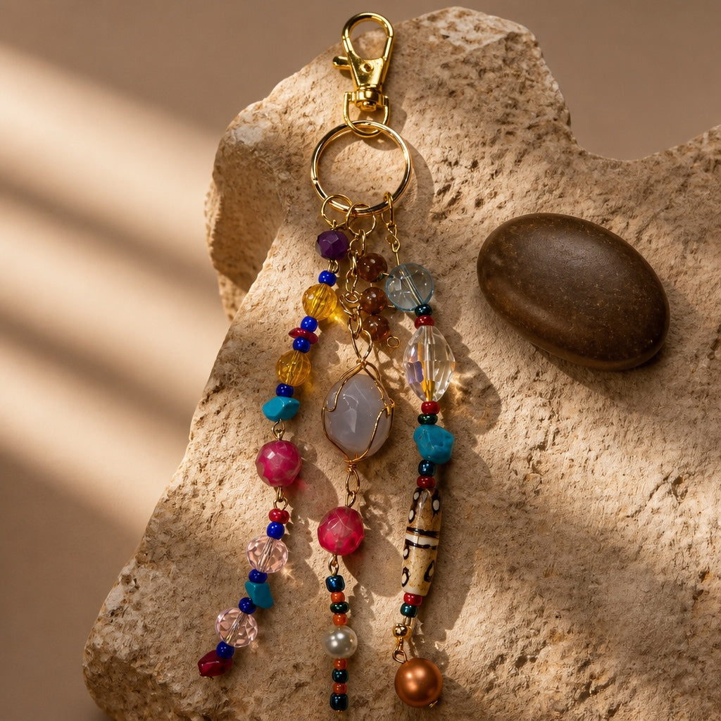 Ariel La Boutique bohemian beaded keychain with multi-colored crystals, polished stones, and gold-tone lobster clasp.