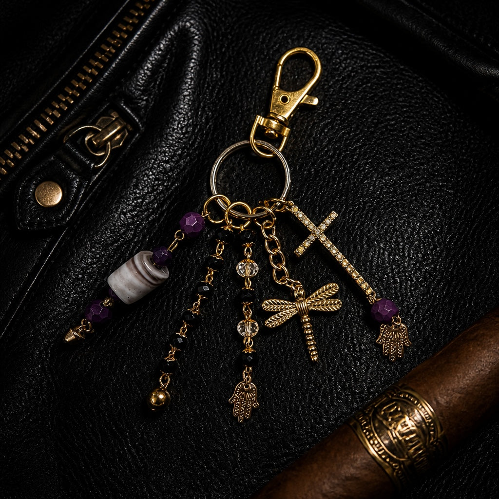 Ariel La Boutique beaded charm keychain with gold cross, dragonfly, and Hamsa hand charms on a black leather surface.