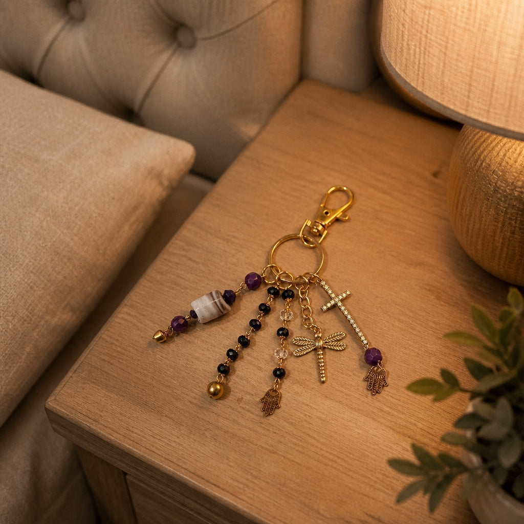 Ariel La Boutique beaded charm keychain with gold-tone cross, dragonfly, and Hamsa hand motifs on a wooden nightstand.