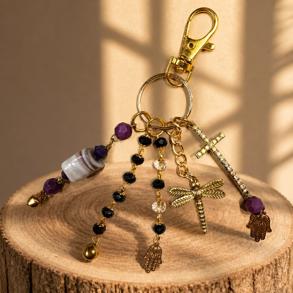 Ariel La Boutique beaded charm keychain with gold-tone cross, dragonfly, and Hamsa hand charms on a wooden pedestal.