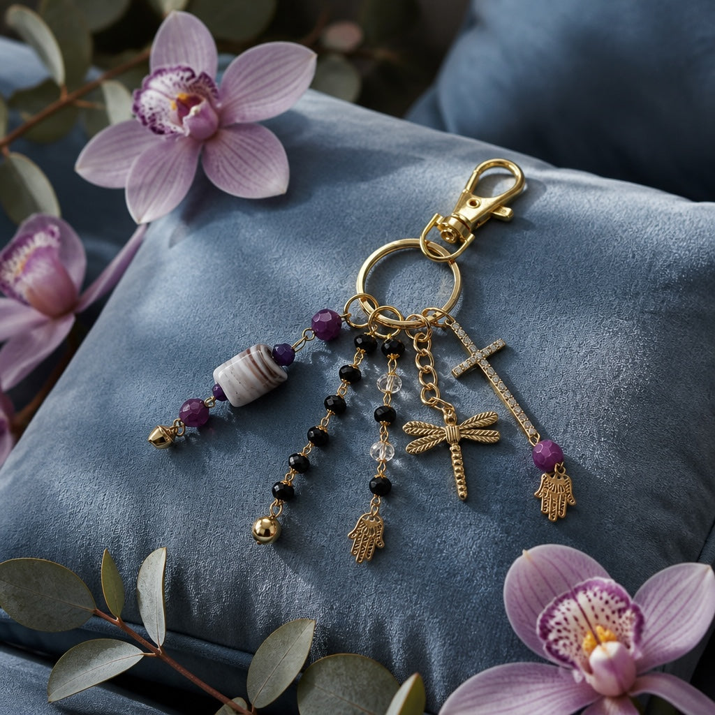 Ariel La Boutique beaded charm keychain with gold cross, dragonfly, and Hamsa hand charms on a blue velvet cushion.