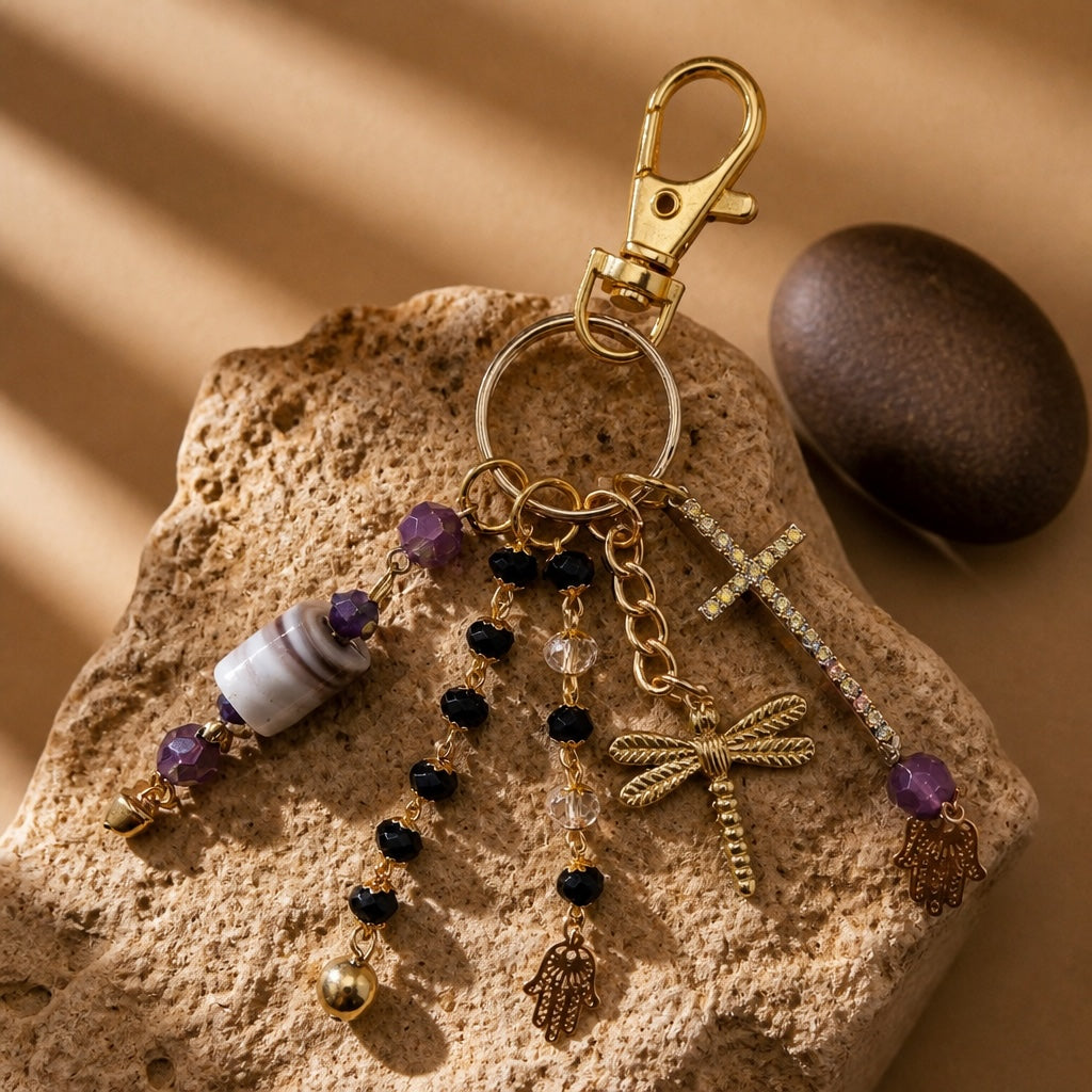 Ariel La Boutique beaded charm keychain with gold dragonfly, cross, and Hamsa hand charms on a textured stone surface.