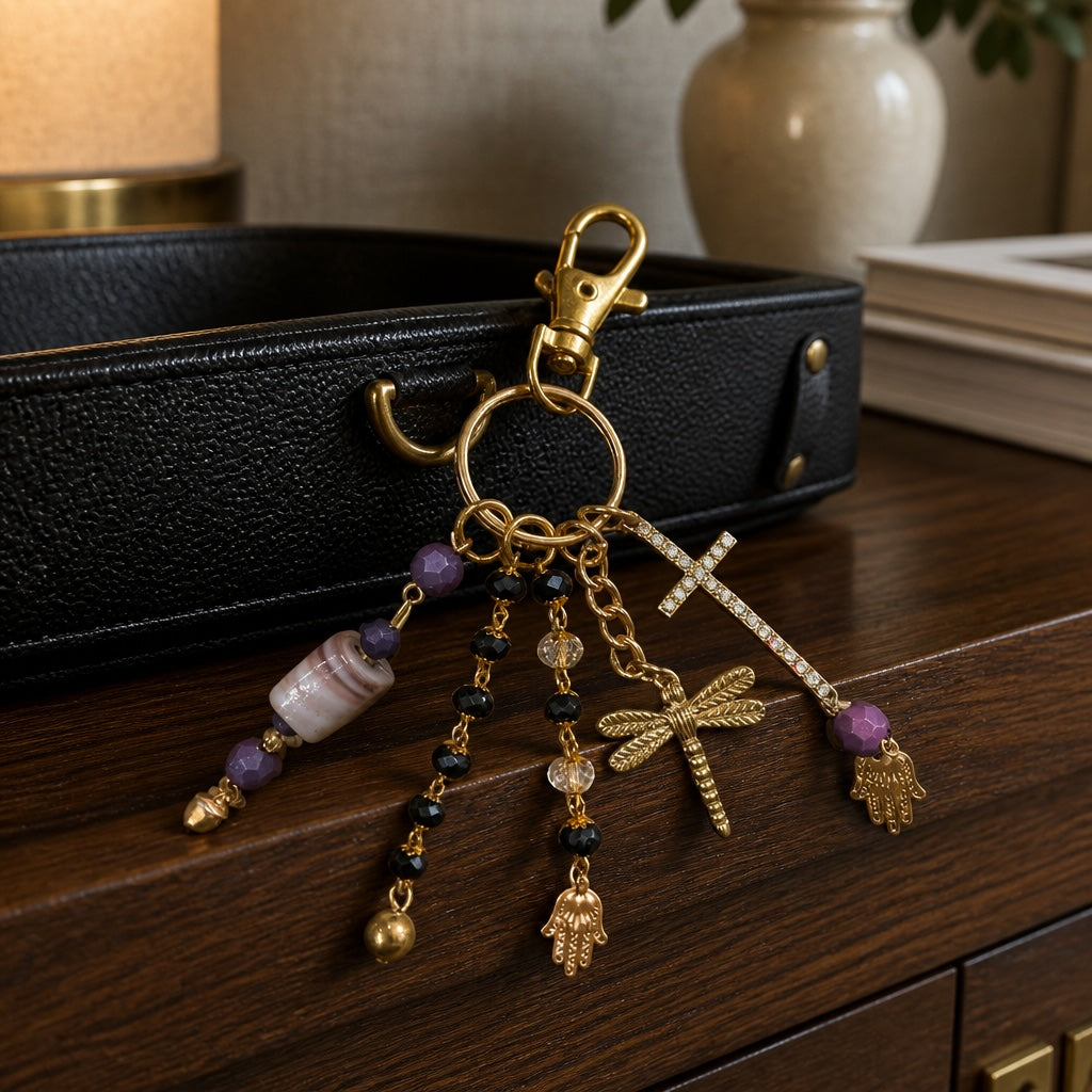 Ariel La Boutique beaded charm keychain with gold cross, dragonfly, and Hamsa hand charms on a wooden surface.