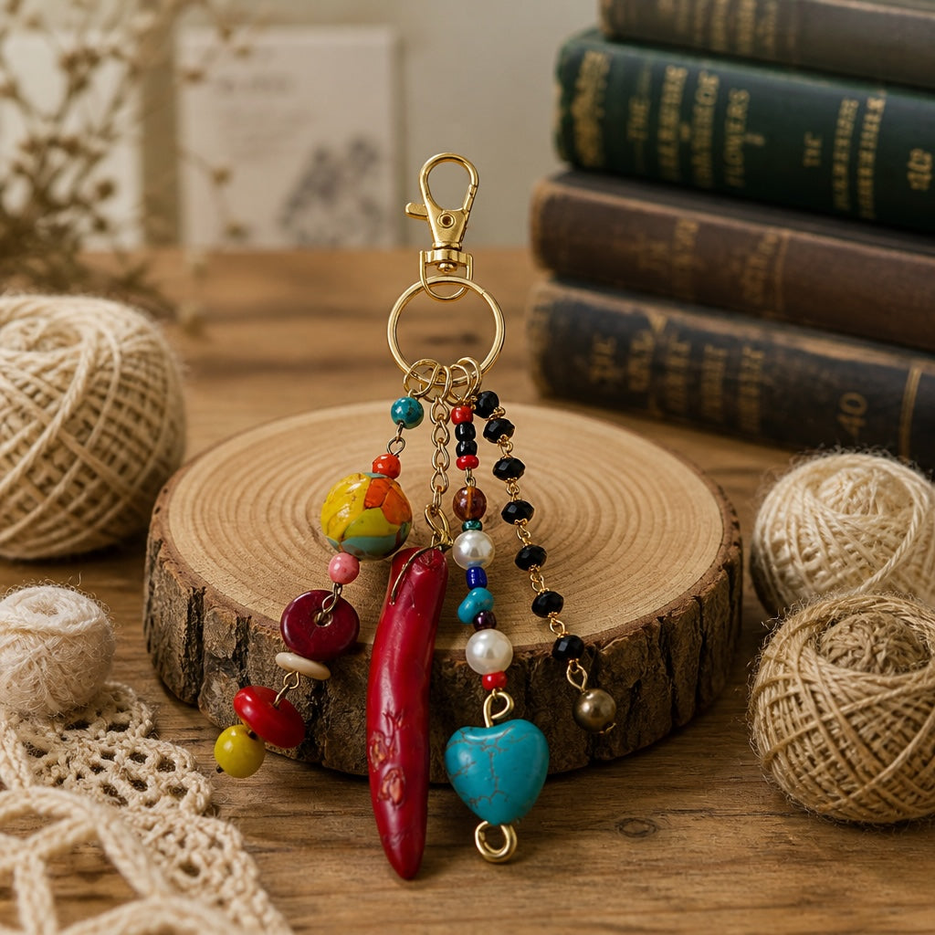 Ariel La Boutique bohemian beaded keychain with red horn, turquoise heart, pearls, and crystals on a wood slice.