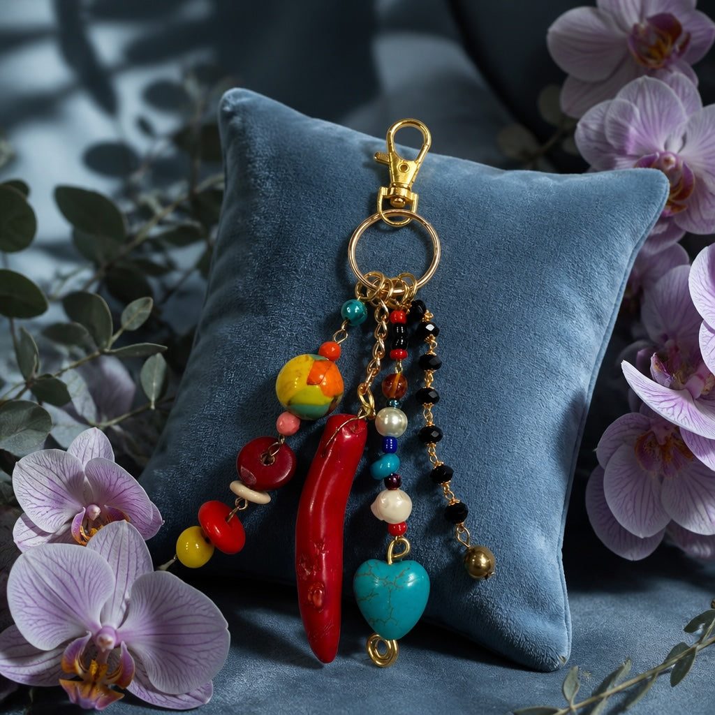 Ariel La Boutique bohemian beaded keychain with red horn, turquoise heart, and crystals on a blue velvet pillow.