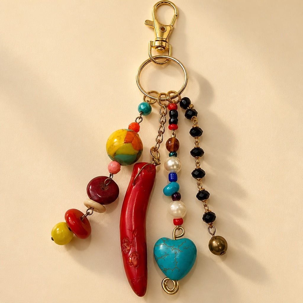 Ariel La Boutique bohemian beaded keychain with a red horn charm, turquoise heart, pearls, and crystals on a gold clasp.