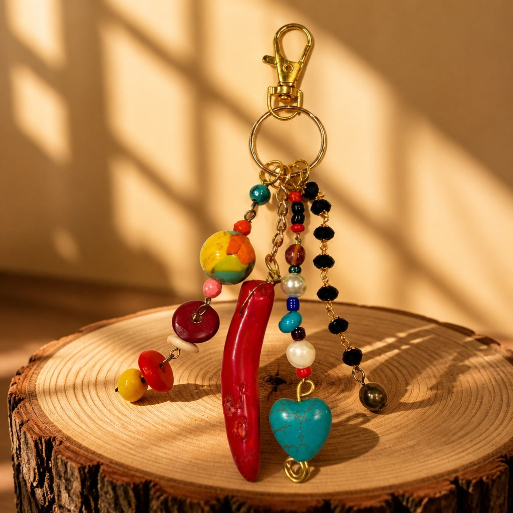 Ariel La Boutique bohemian beaded keychain with a red horn, turquoise heart, and multi-colored crystals on a gold clasp.