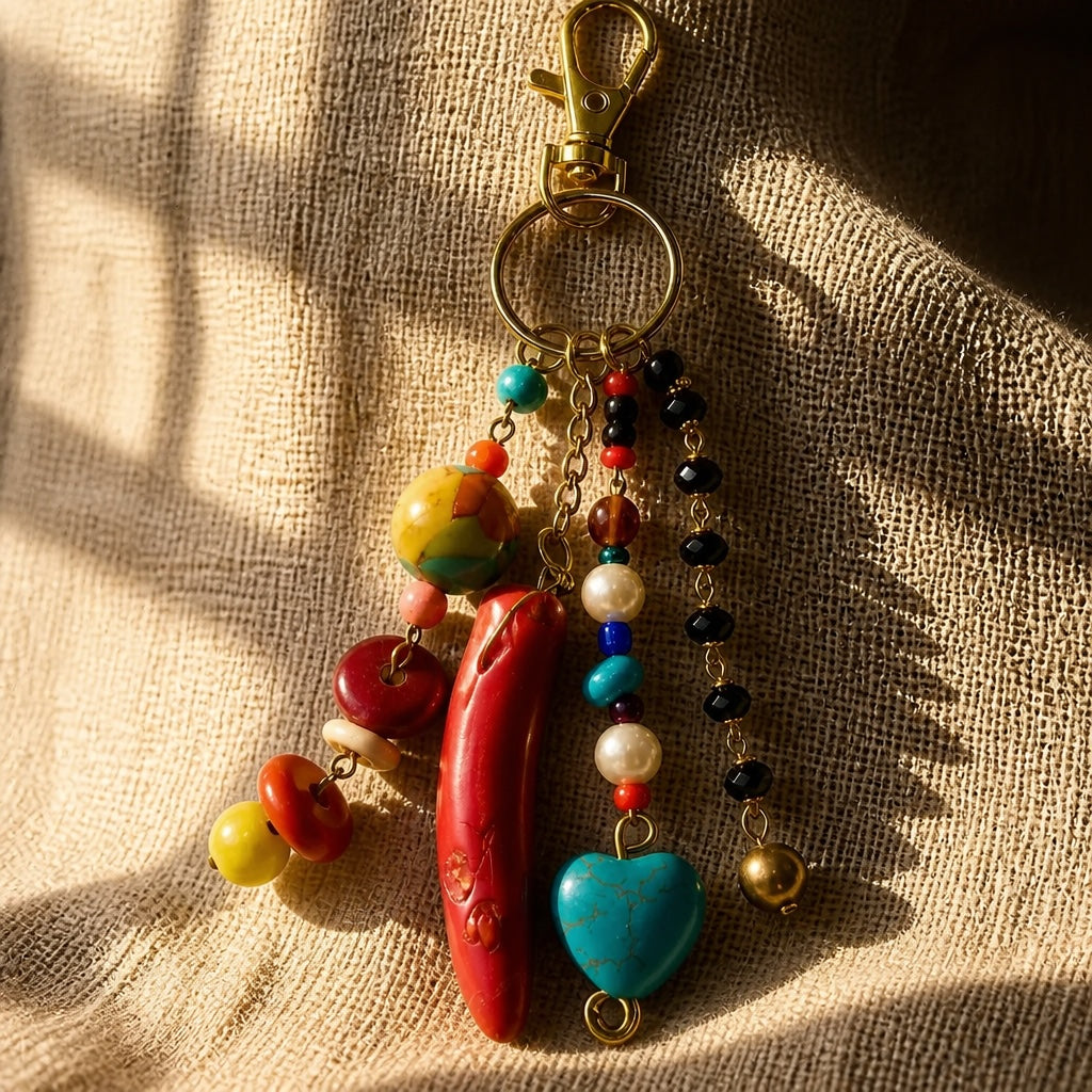 Ariel La Boutique bohemian beaded keychain featuring a red horn charm, turquoise heart, pearls, and crystals on gold.