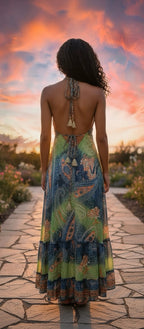 Ariel La Boutique bohemian maxi dress with paisley print, halter neck, and tassel ties, worn at sunset.