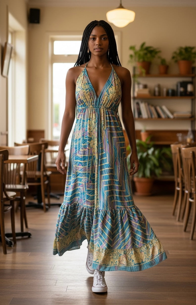 Ariel La Boutique bohemian halter neck maxi dress with a blue, yellow, and purple geometric print and ruffled hem.