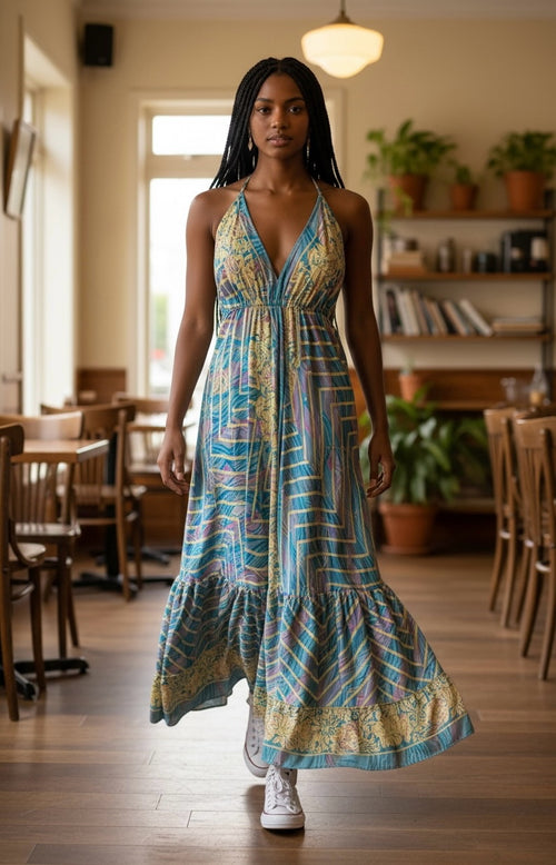 Ariel La Boutique bohemian halter neck maxi dress with a blue, yellow, and purple geometric print and ruffled hem.