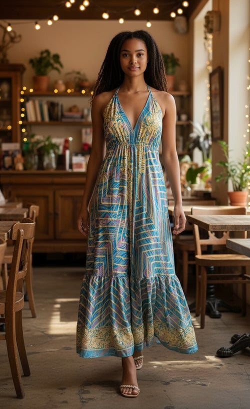 Ariel La Boutique bohemian maxi dress with halter neck and blue, yellow, and purple geometric print in a cafe setting.