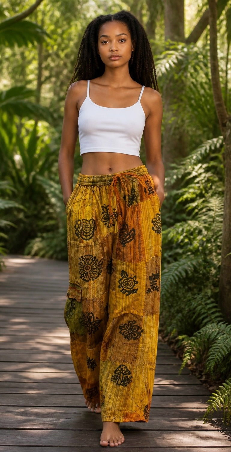 Ariel La Boutique bohemian wide-leg cargo pants in yellow and orange patchwork with floral prints on a model.