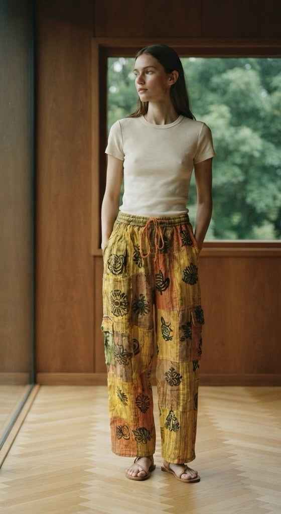 Ariel La Boutique bohemian wide-leg cargo pants in yellow and orange patchwork with dark floral block-print motifs.