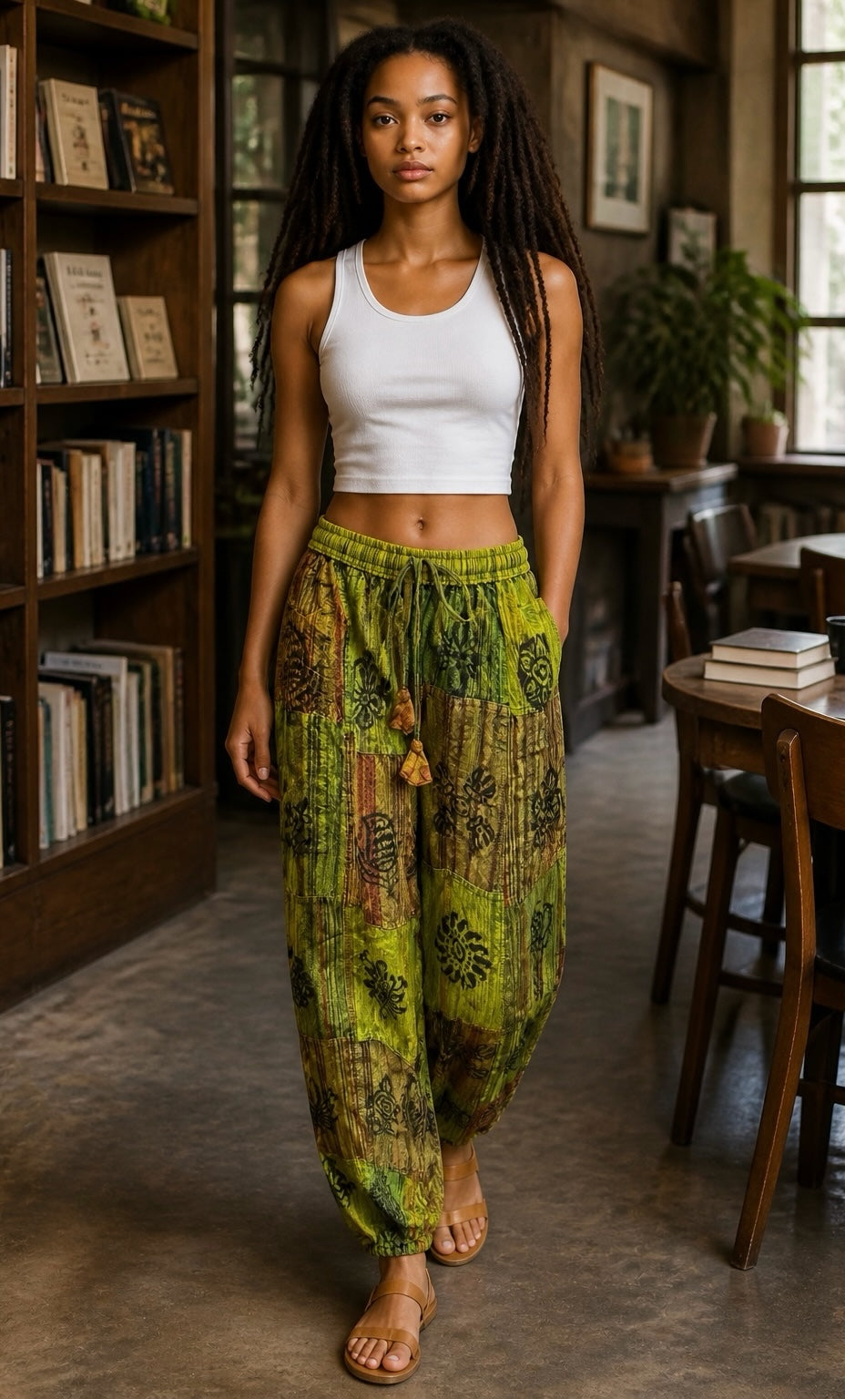 Ariel La Boutique green patchwork harem pants with an elastic drawstring waist and tassel details worn by a woman.