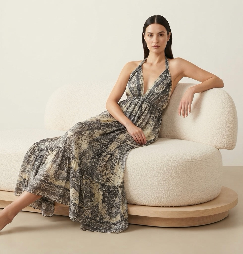 Ariel La Boutique bohemian maxi dress with a halter neck and earthy print, worn by a woman on a cream bouclé sofa.