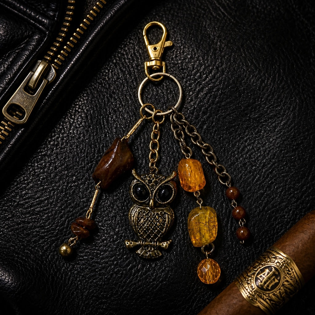 Ariel La Boutique antique bronze owl keychain with amber beads and gold-tone lobster clasp on black leather.